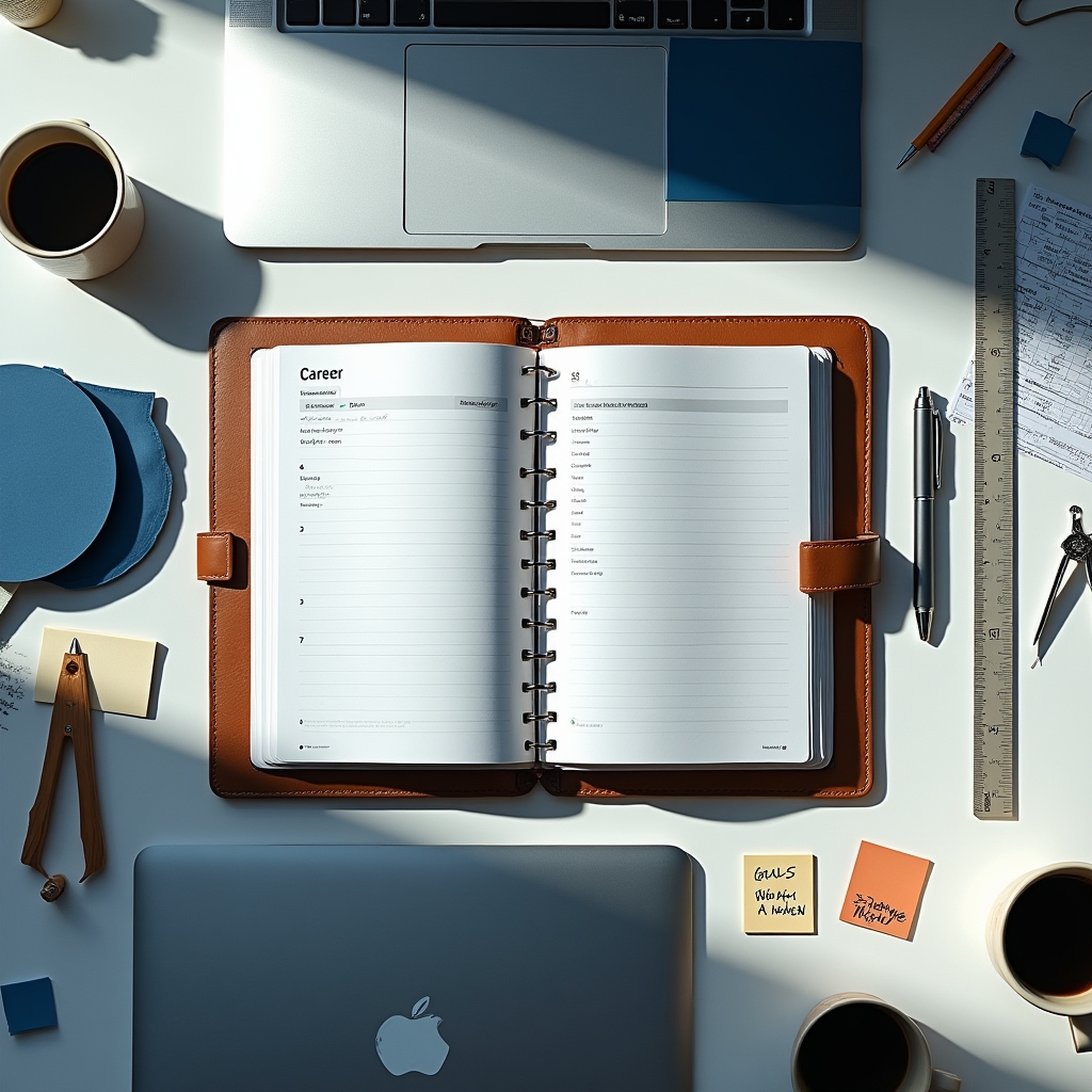 Organized career planning workspace with documents, notes, and professional materials on a structured desk