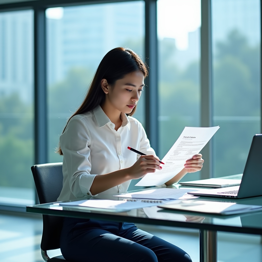 Filipino professional reviewing and editing resume document with guidance materials on desk
